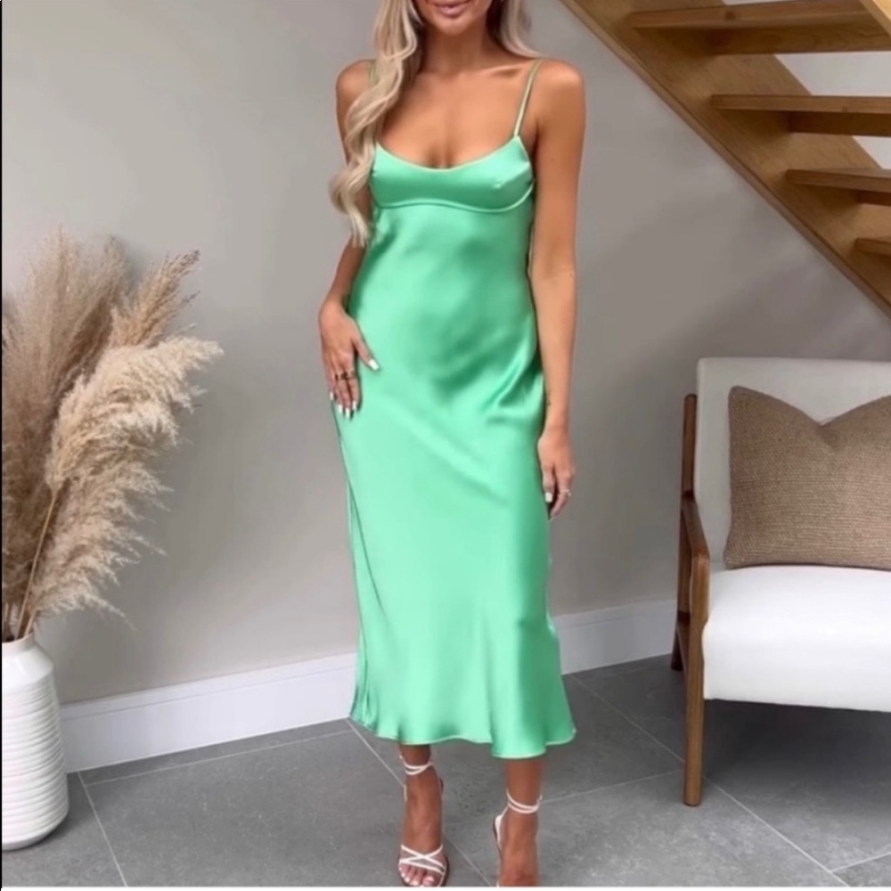 Zara green satin effect midi dress XS
